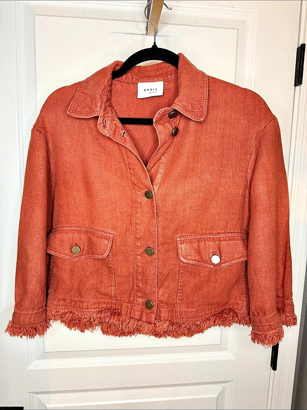 Akris Punto Terracotta Orange Linen Fringe Utility Jacket Frayed Hem Jacket